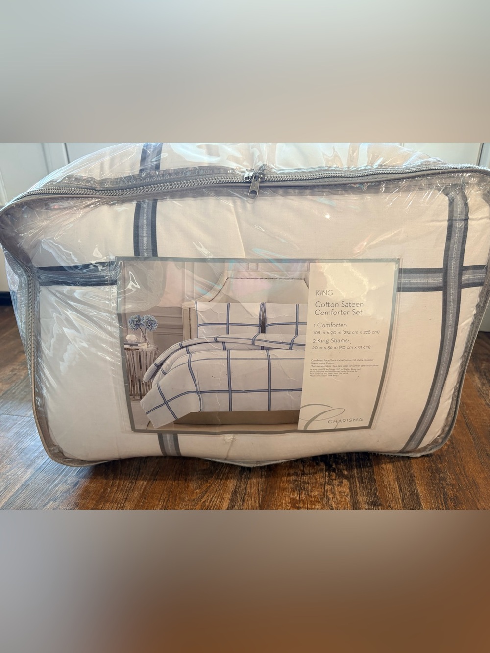 Charisma King Cotton Sateen Comforter Set in white with grey/blue stripe